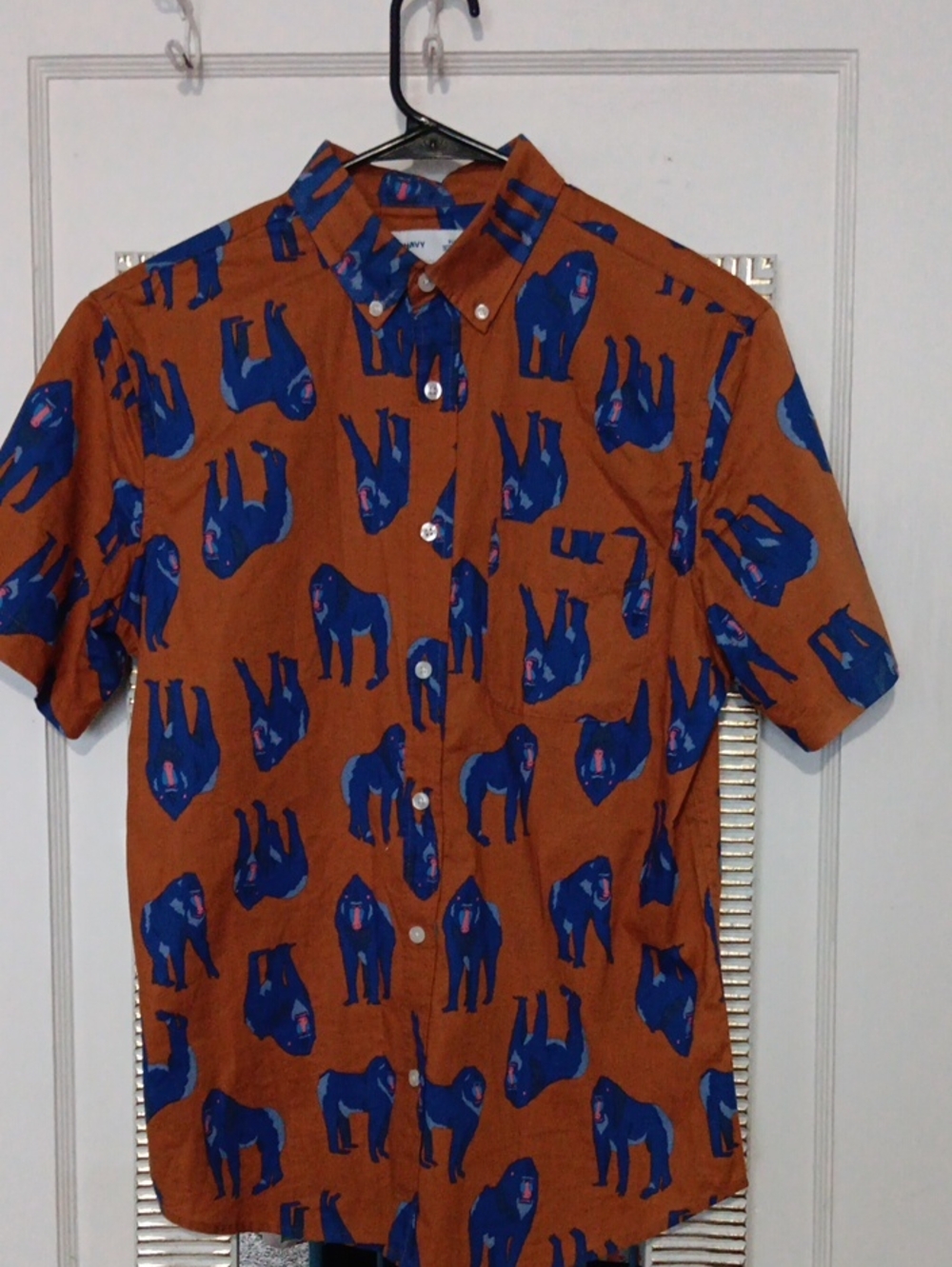 Old Navy Brown Button-Down Shirt with Blue Baboon Print